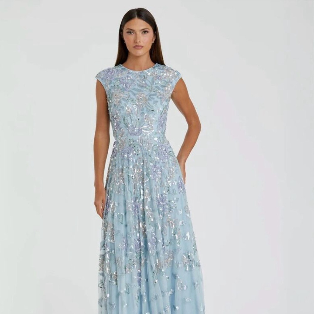 Mac Duggal Sequined High Neck Cap Sleeve A Line Gown Ice Blue Multi Size 10 NWT